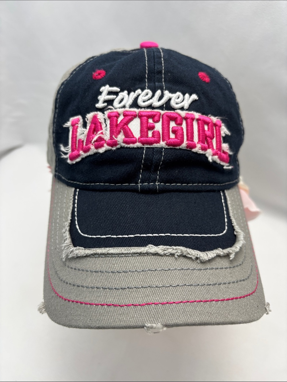 Forever Lakegirl Embroidered Baseball Cap - Navy & Gray with Pink Accents